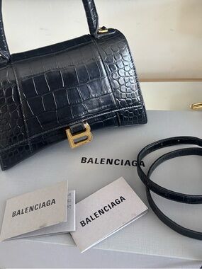 Balenciaga Black Croc Hourglass bag with Gold 'B' Clasp SMALL